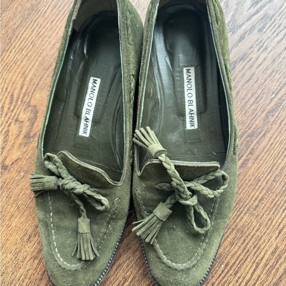 Manolo Blahnik Forest Green Suede Loafers